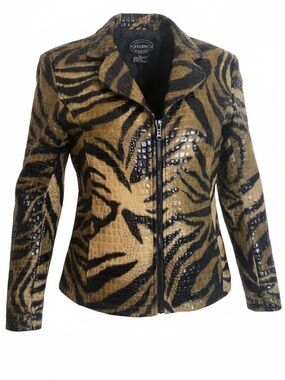 Selene Sport VTG Tiger Print Faux Leather Jacket Croc Textured Zip